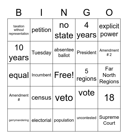 US Government--Test #4 Bingo Card