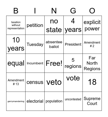 US Government--Test #4 Bingo Card