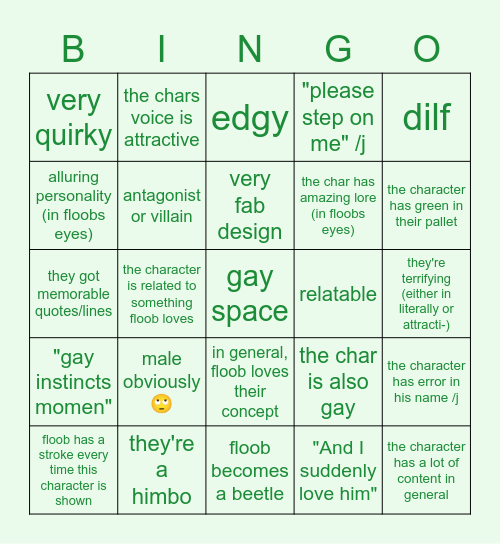 the chances of this character making floob gayer Bingo Card