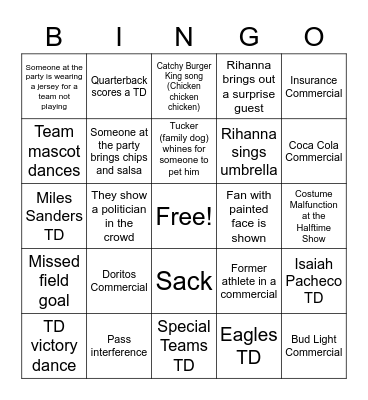 Super Bowl Bingo Card