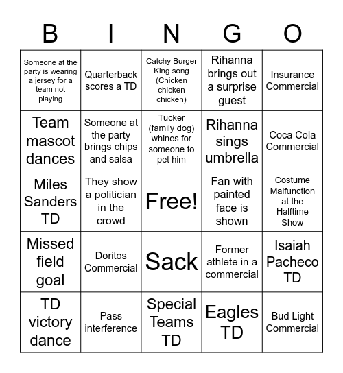 Super Bowl Bingo Card