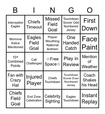 Super Bowl 2023 Bingo Card