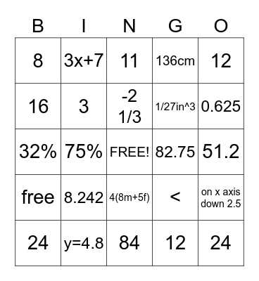 6th grade Math Bingo Card