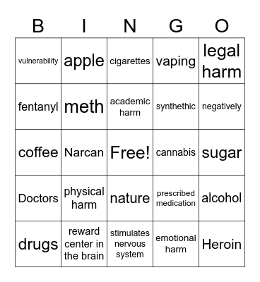 Health 1-1--Drug Unit Bingo Card