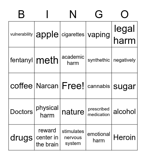 Health 1-1--Drug Unit Bingo Card