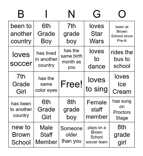Brown School Upper School Bingo Card