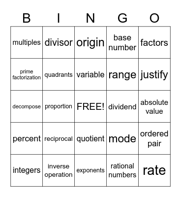 6th Grade Math Vocabulary Bingo Card