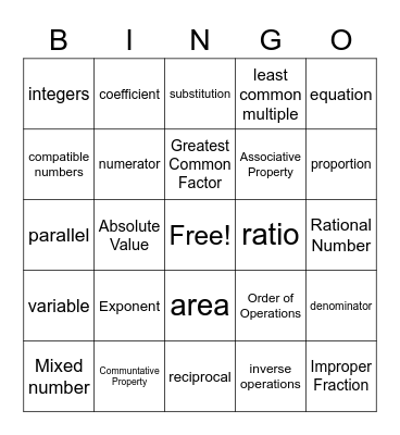 6th Grade Math Vocabulary Bingo Card