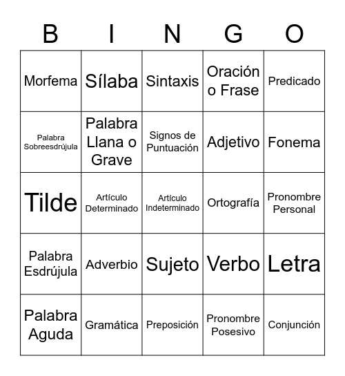 Bingo Gramatical Bingo Card