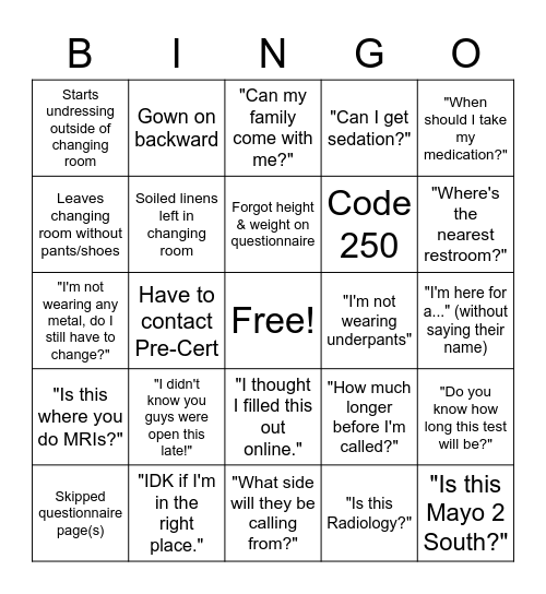 Mayo 2 South - Night Shift Bingo Card