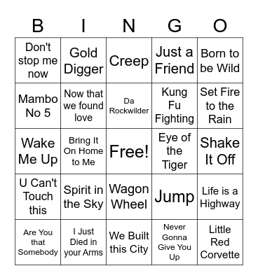 Superbowl music BINGO Card