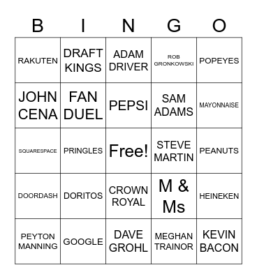 Super Bowl Bingo Card