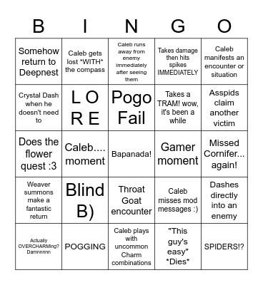 Caleb's Bizarre Adventure through Hollownest Bingo Card
