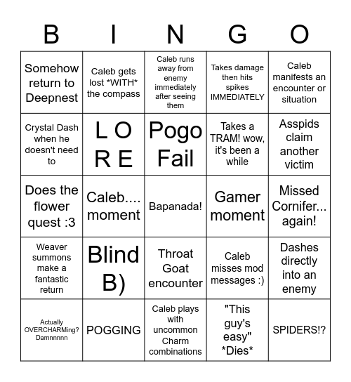 Caleb's Bizarre Adventure through Hollownest Bingo Card