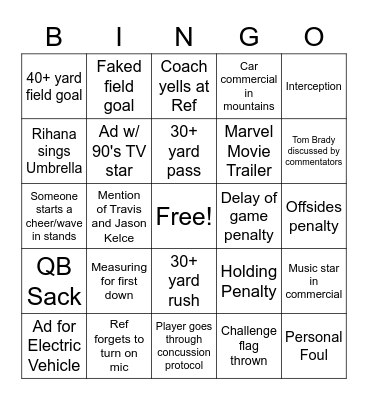 Superbowl Bingo Card