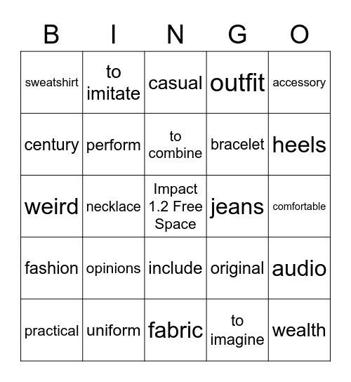 Impact 1.2 Units 5-6 Vocabulary Bingo Card