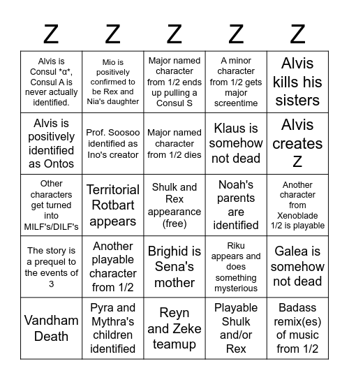 Xenoblade 3 DLC bingo Card