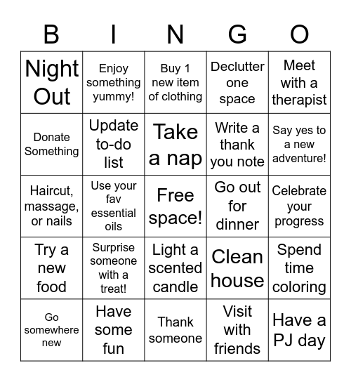 Monthly Self Care Bingo! Bingo Card