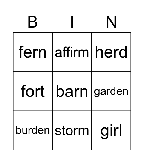 Untitle/ar/ Spelled ar; /or/ Spelled or, ore /er/ Spelled er, ir, ur, eard Bingo Card