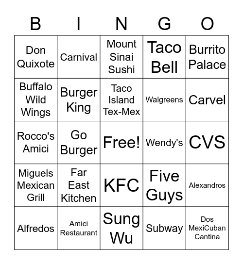 Door Dash Bingo Card