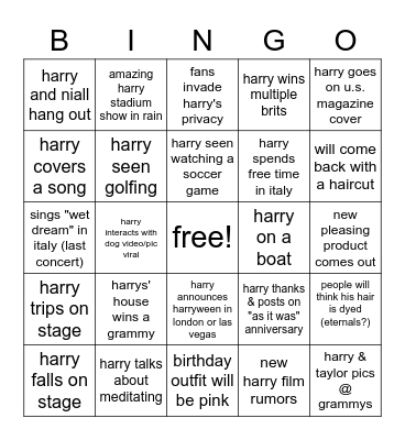 HARRY STYLES 2023 Bingo Card