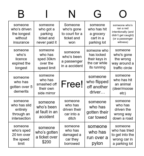 Misdemeanour Bingo Card