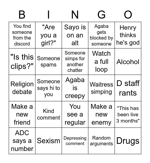 KN Stream Bingo Card
