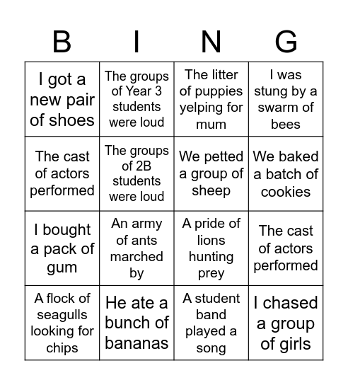 Noun Groups BINGO Card