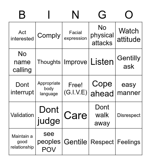 Charlie's DBT Bingo Card