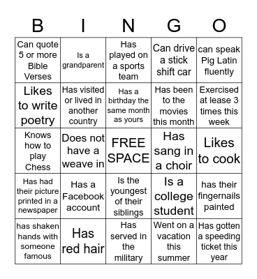 Family Bingo Card