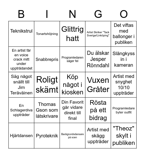 Melodifestivalen Bingo! Bingo Card