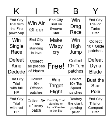 Kirby Air Ride: City Trial Bingo Card