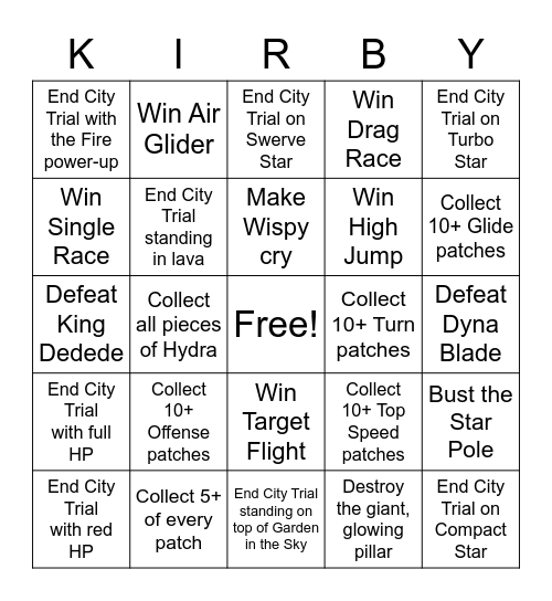 Kirby Air Ride: City Trial Bingo Card