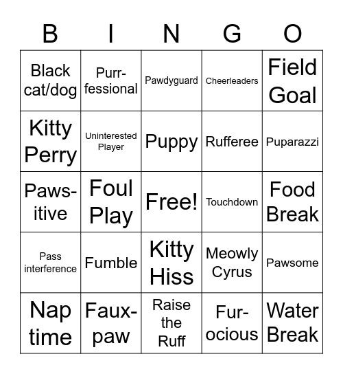 Pet Football Bingo Card