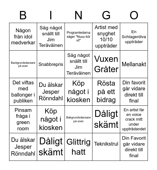 Melodifestivalen Bingo! Bingo Card