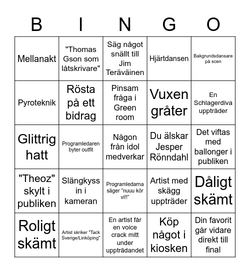 Melodifestivalen Bingo Card