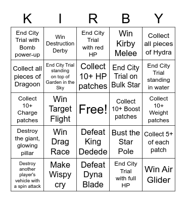 Kirby Air Ride: City Trial Bingo Card