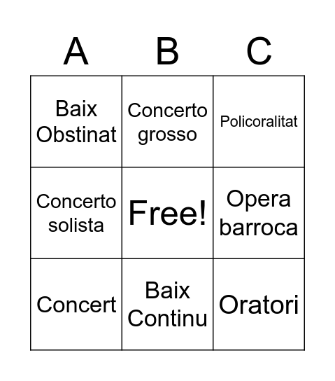 Barroc Musical Bingo Card