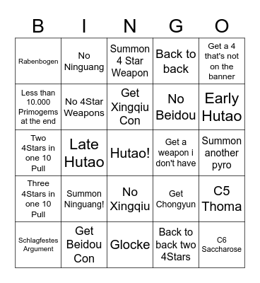 Hutao Wishing Bingo Card