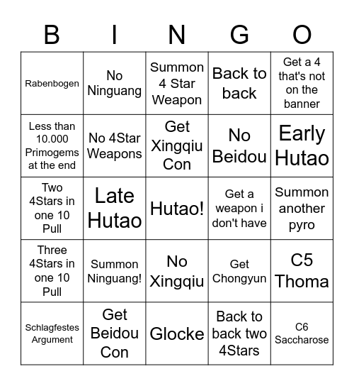 Hutao Wishing Bingo Card