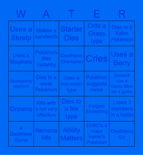 Patterz's Water type only Nuzlocke Bingo Card