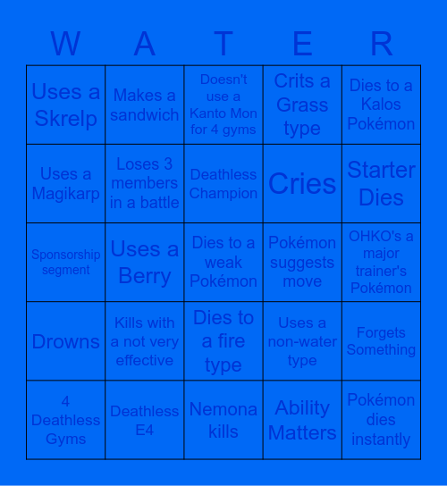 Patterz's Water type only Nuzlocke Bingo Card