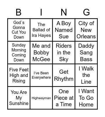 Johnny Cash Song Bingo Card
