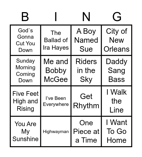 Johnny Cash Song Bingo Card