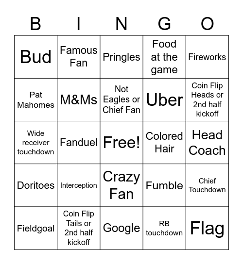 SuperBowl 2023 Bingo Card