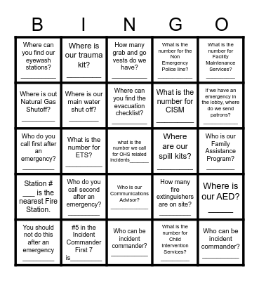Emergency Response Plan Bingo Card
