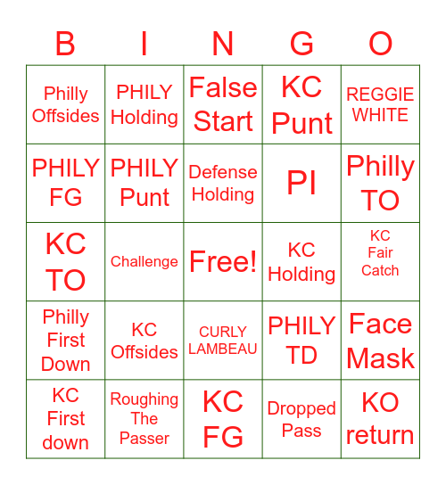 Chiefs and Eagles BINGO Card