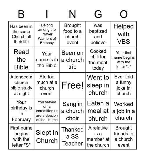 Bethany Baptist Bingo Card