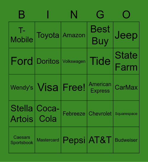 SUPER BOWL COMMERCIAL BINGO Card
