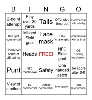 Super Bowl 2023 Bingo Card